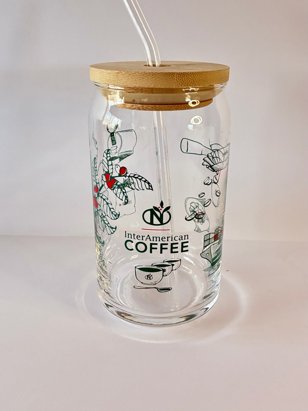 Glass Tumbler with Bamboo Lid - Clear with Green & Red Accents